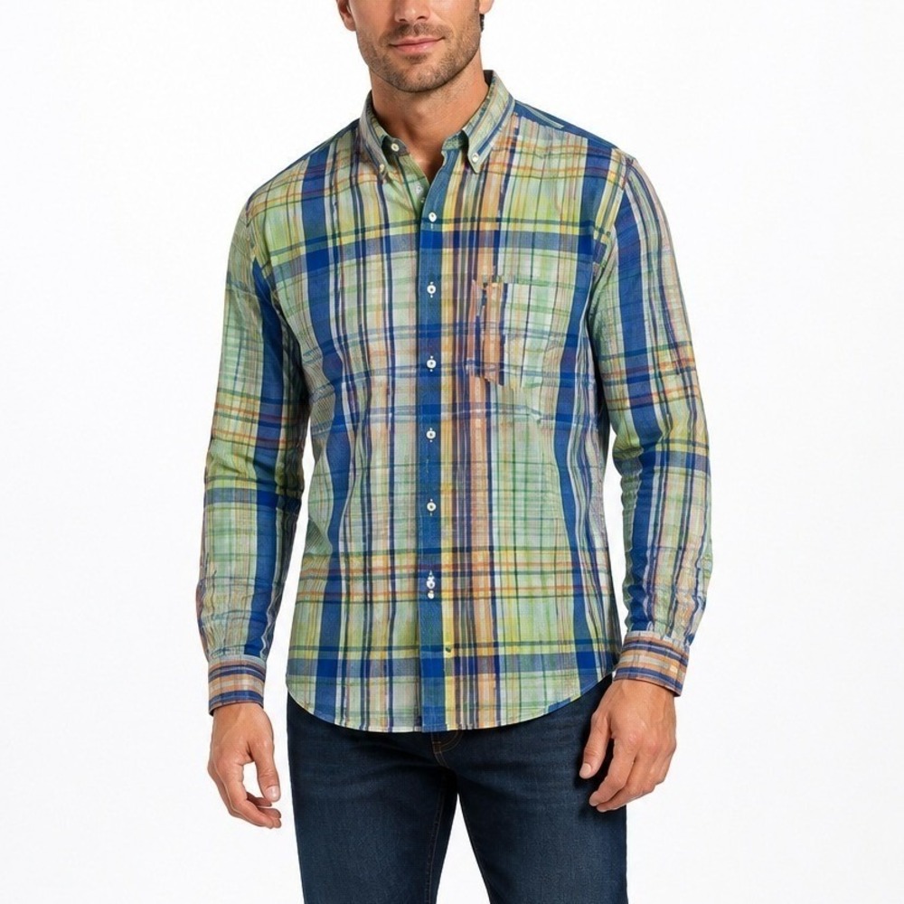 Tommy Hilfiger Mens XL Plaid Button Down Shirt Green Blue Orange Long Sleeve